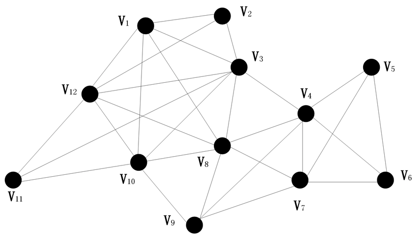 A 12-node network graph with nodes grouped into factions, illustrating a person's interconnected DAO network.